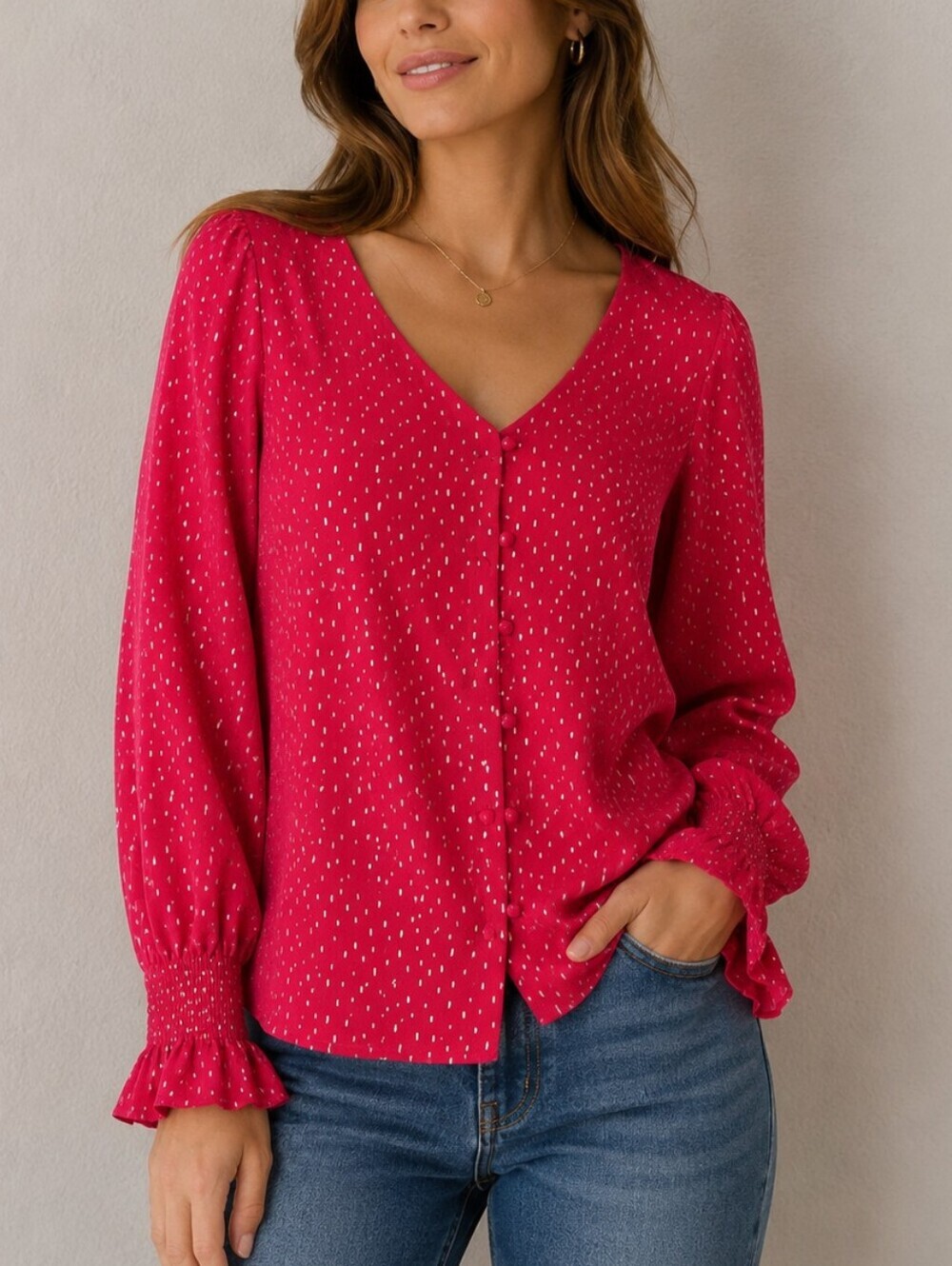 EMILY DANIELS Hot Pink Metallic Gold Poet Ruffle Sleeve Button Down Shirt